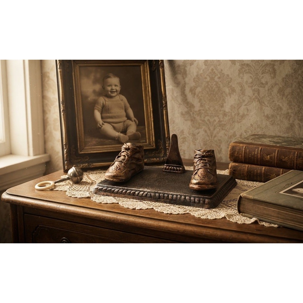 Vintage 1940s Warner Electric Co Bronzed Baby Shoes on Metal Base Chicago 26
